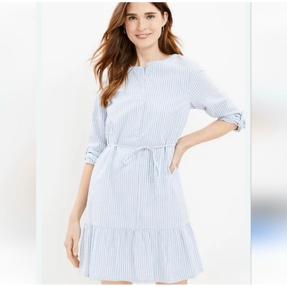 LOFT Womens Blue White Striped Seersucker Ruffle Hem Tie Waist Dress Size M NEW